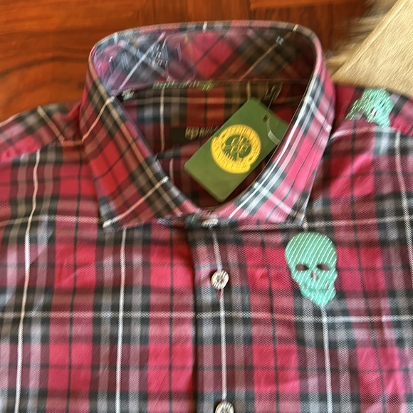Rule 18 *NWT* Men's Bobby Jones Dark Red Tartan Plaid Skull Sport Golf Shirt - Picture 7 of 10